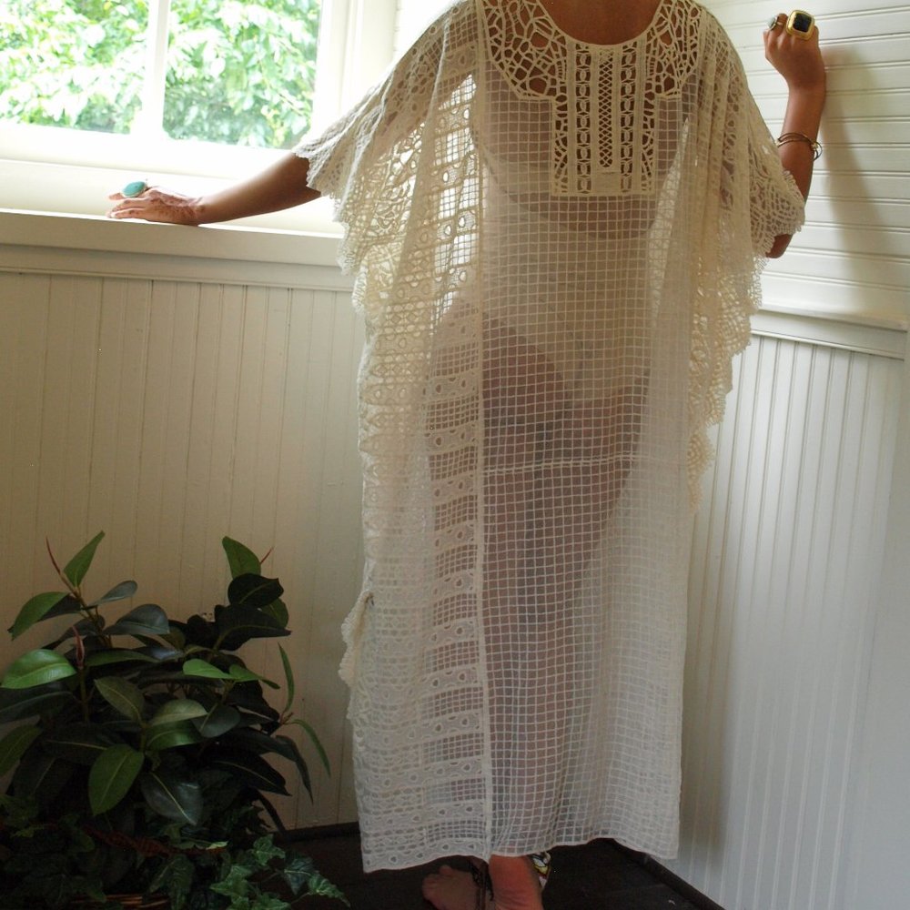 cotton crochet maxi kaftan mixed lace tunic dress
